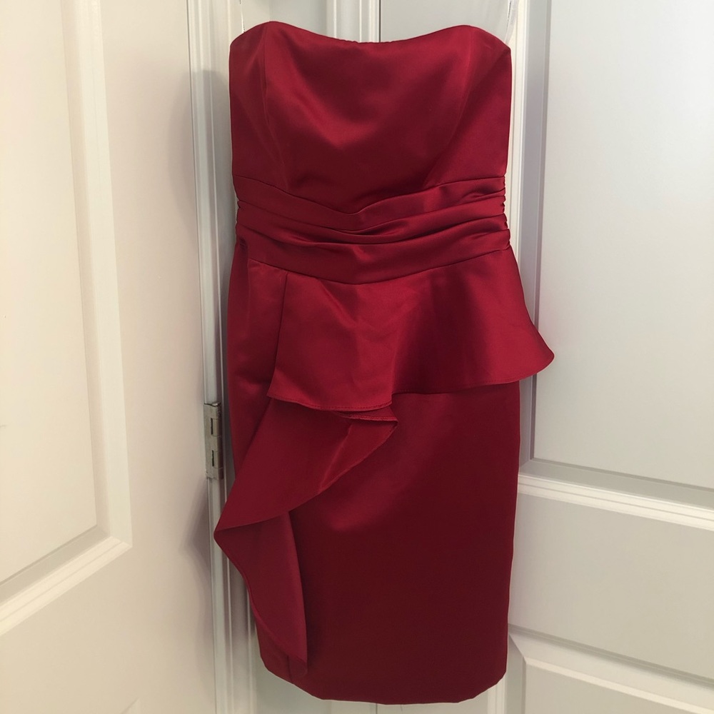 David's Bridal Strapless Red Ruffle Dress